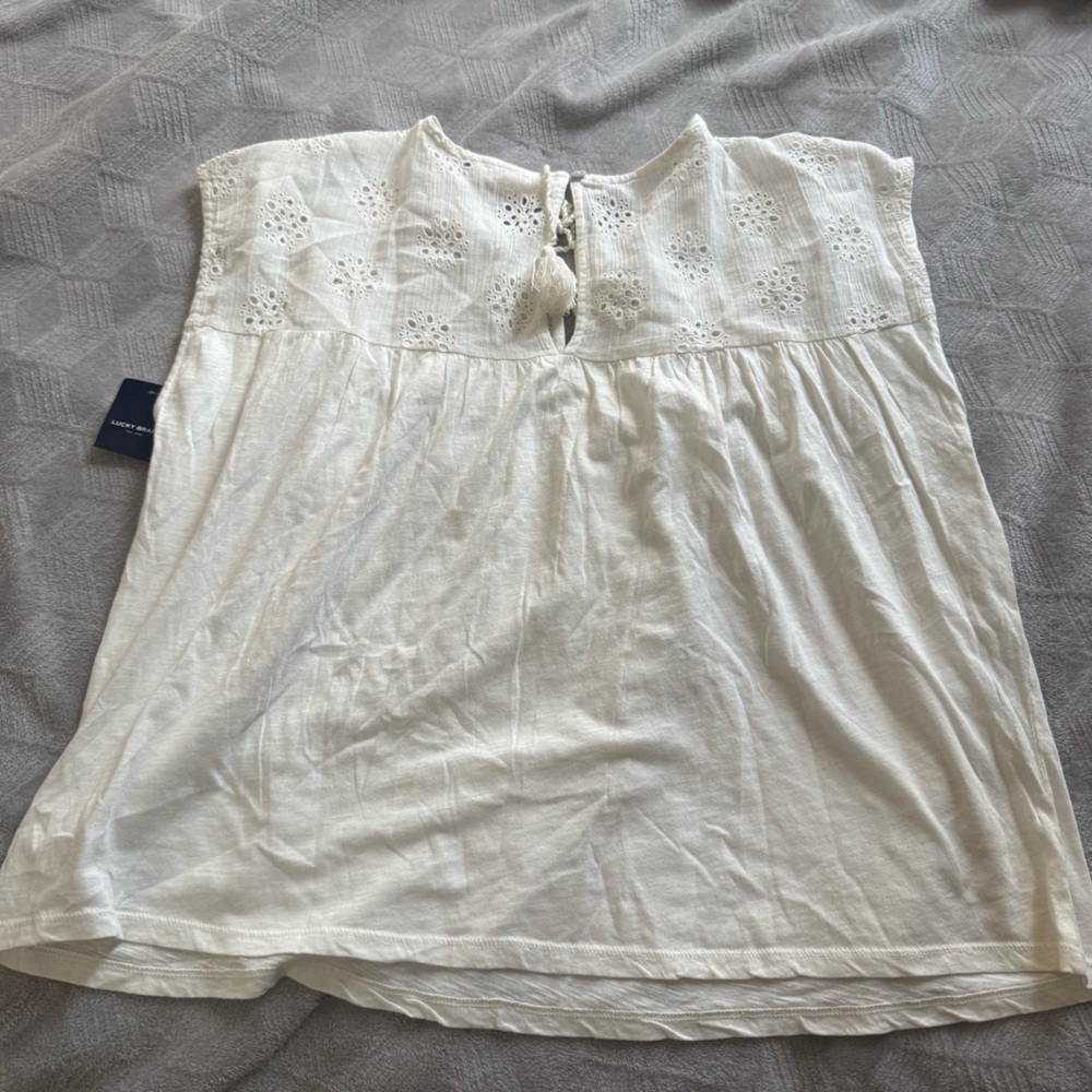 Lucky Brand Schiffley notch neck top Hippie vintage vibes cotton tassel - Picture 6 of 13